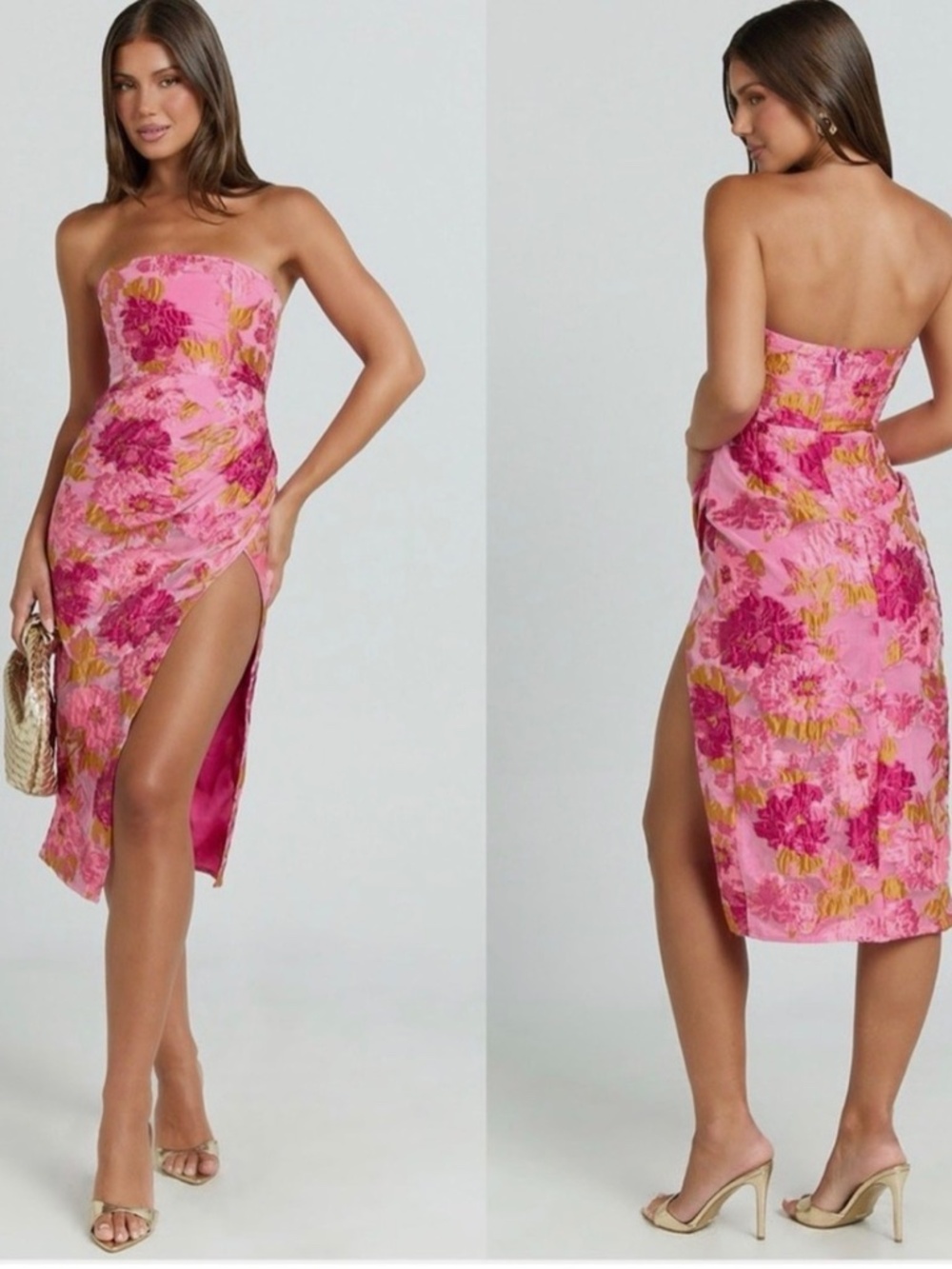 SHOWPO Brailey Midi Dress In Pink Jacquard